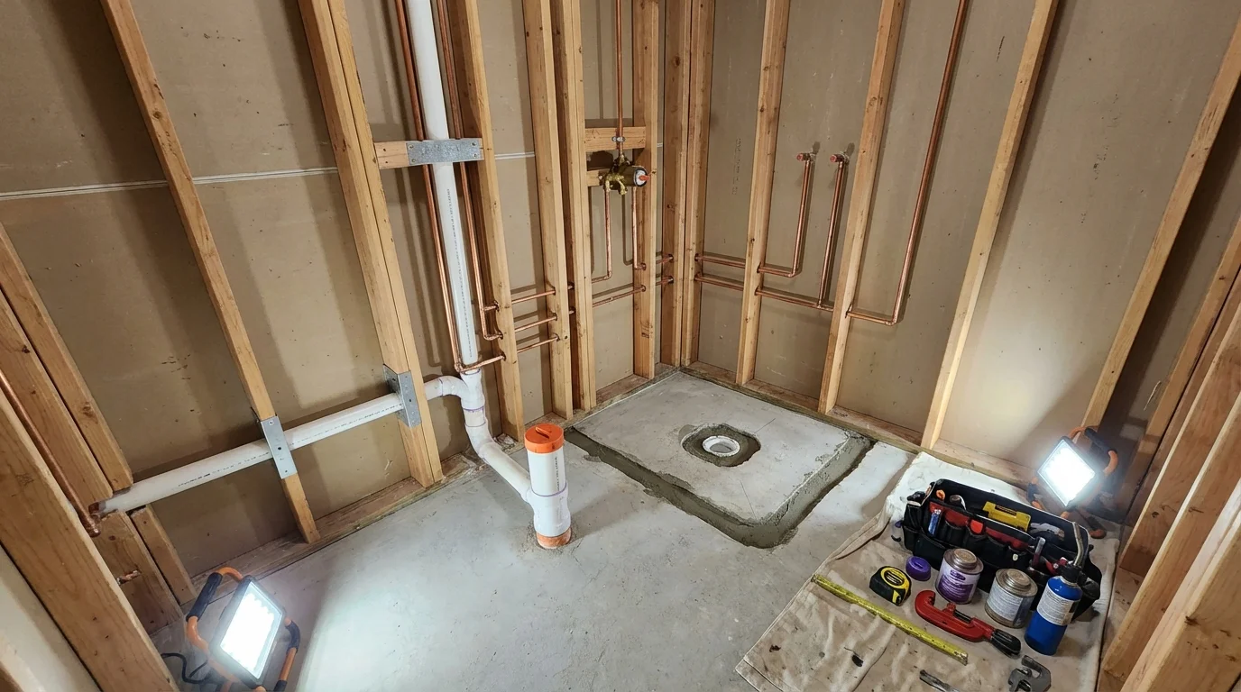 Bathroom rough-in plumbing during remodel by Johns Plumbing LLC in Chapin