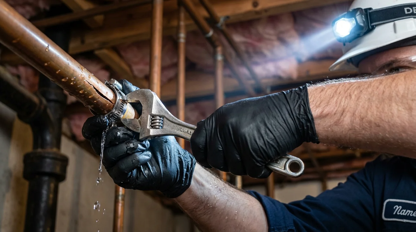 Emergency pipe clamp repair being performed by a Johns Plumbing LLC plumber in Chapin