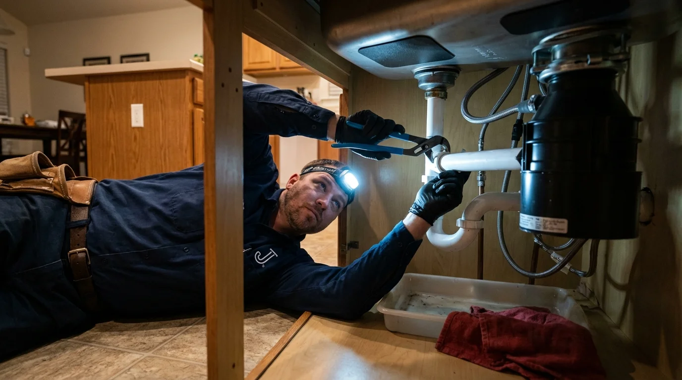 P-trap and supply line connections under a kitchen sink showing a common leak point in Chapin, SC